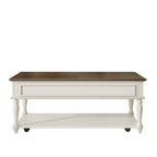 Farmhouse Coffee Table with One Drawer, Easy Assembly, Retro Movable Rectangular Cocktail Table with Lockable Wheels, Country Style Center Table with Solid Wood Legs for Living Room, Grey+White
