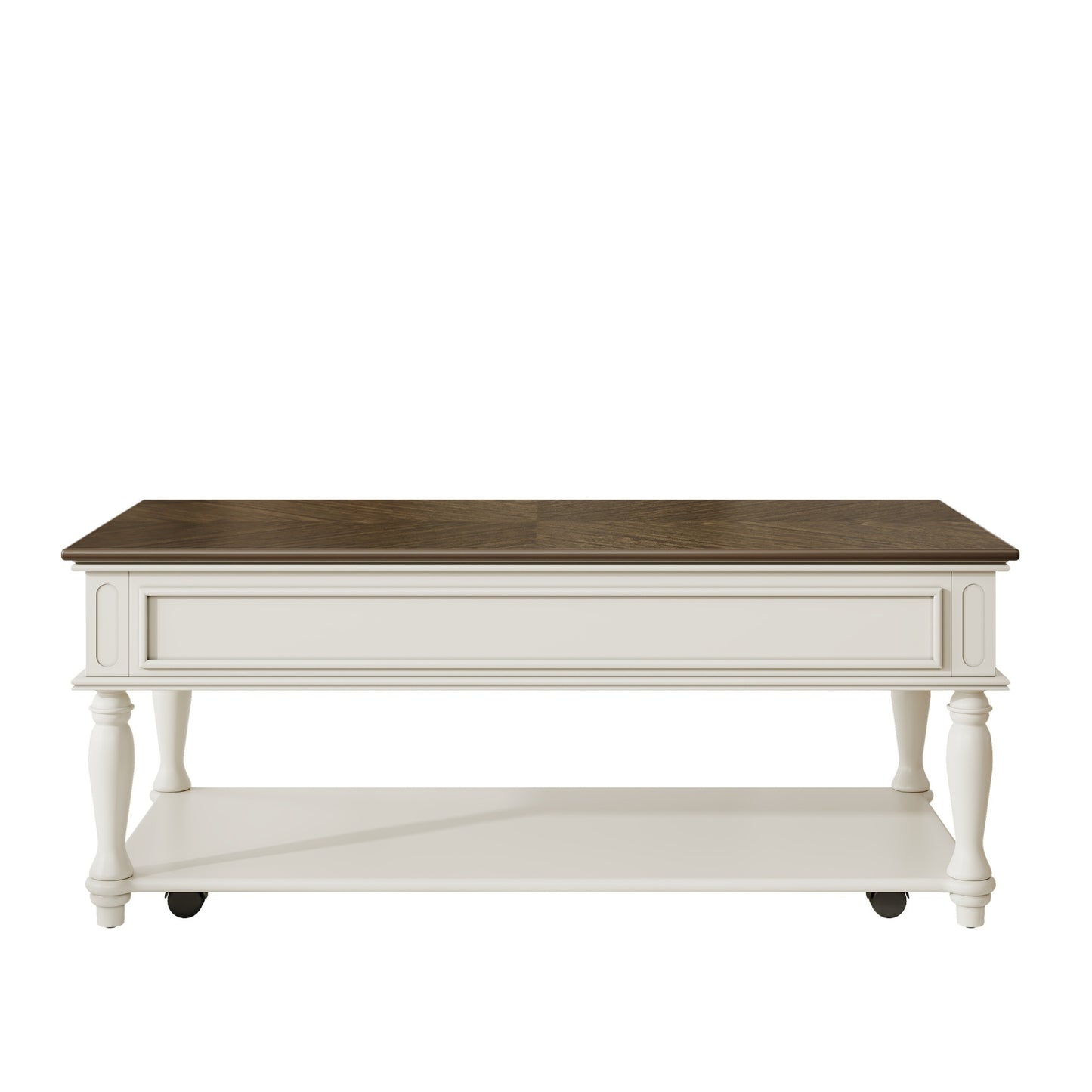 Farmhouse Coffee Table with One Drawer, Easy Assembly, Retro Movable Rectangular Cocktail Table with Lockable Wheels, Country Style Center Table with Solid Wood Legs for Living Room, Grey+White
