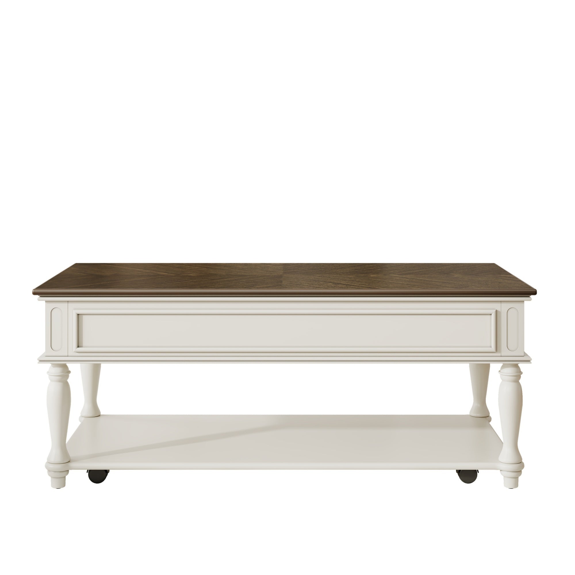 Farmhouse Coffee Table with One Drawer, Easy Assembly, Retro Movable Rectangular Cocktail Table with Lockable Wheels, Country Style Center Table with Solid Wood Legs for Living Room, Grey+White