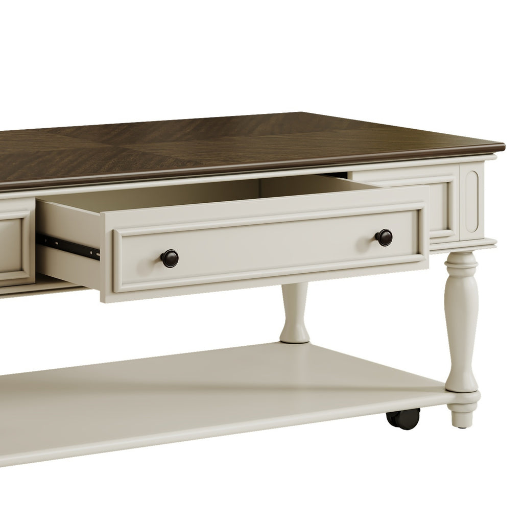 Farmhouse Coffee Table with One Drawer, Easy Assembly, Retro Movable Rectangular Cocktail Table with Lockable Wheels, Country Style Center Table with Solid Wood Legs for Living Room, Grey+White