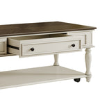 Farmhouse Coffee Table with One Drawer, Easy Assembly, Retro Movable Rectangular Cocktail Table with Lockable Wheels, Country Style Center Table with Solid Wood Legs for Living Room, Grey+White