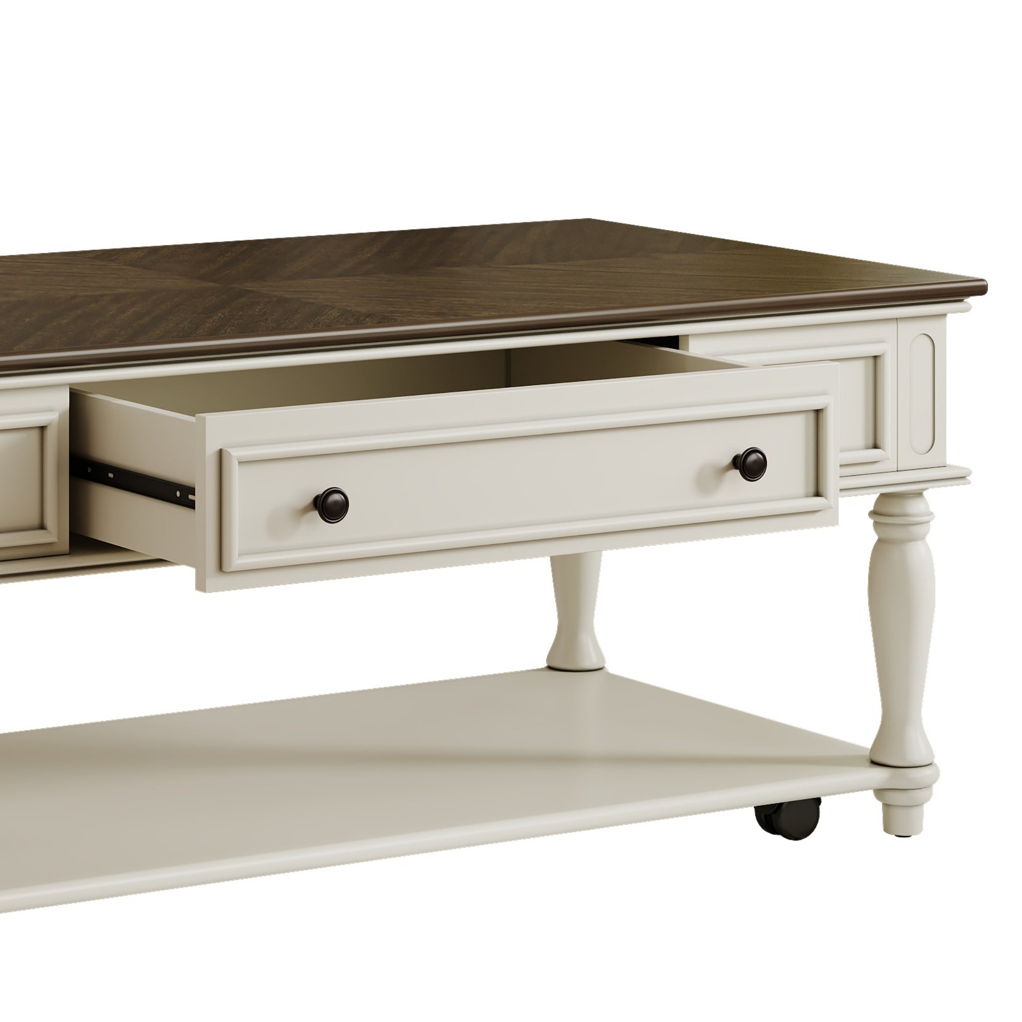 Farmhouse Coffee Table with One Drawer, Easy Assembly, Retro Movable Rectangular Cocktail Table with Lockable Wheels, Country Style Center Table with Solid Wood Legs for Living Room, Grey+White
