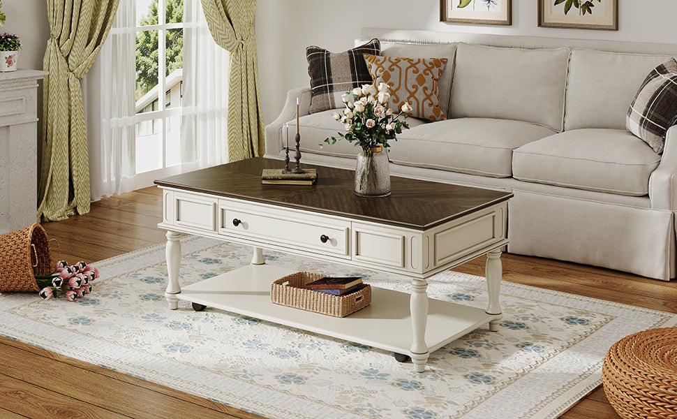 Farmhouse Coffee Table with One Drawer, Easy Assembly, Retro Movable Rectangular Cocktail Table with Lockable Wheels, Country Style Center Table with Solid Wood Legs for Living Room, Grey+White
