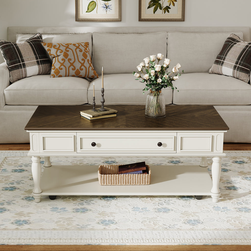Farmhouse Coffee Table with One Drawer, Easy Assembly, Retro Movable Rectangular Cocktail Table with Lockable Wheels, Country Style Center Table with Solid Wood Legs for Living Room, Grey+White