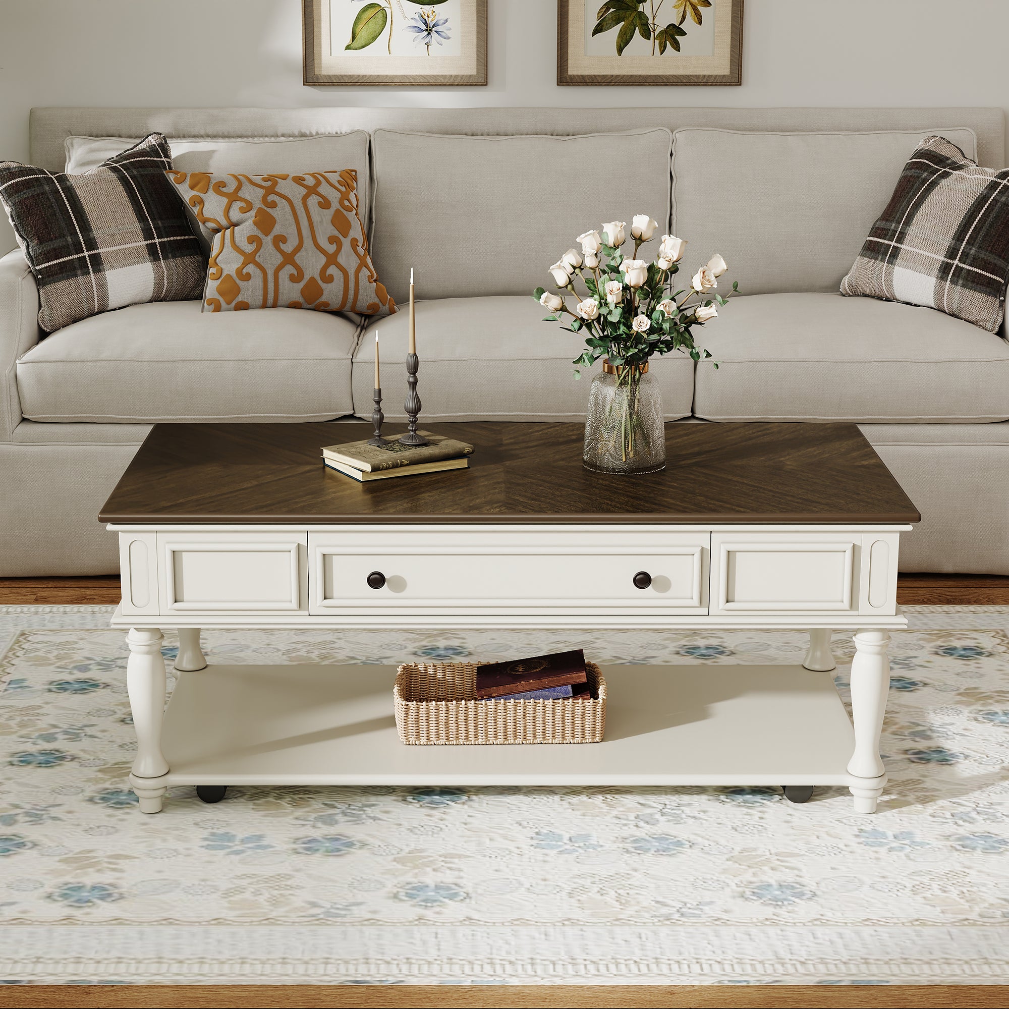 Farmhouse Coffee Table with One Drawer, Easy Assembly, Retro Movable Rectangular Cocktail Table with Lockable Wheels, Country Style Center Table with Solid Wood Legs for Living Room, Grey+White