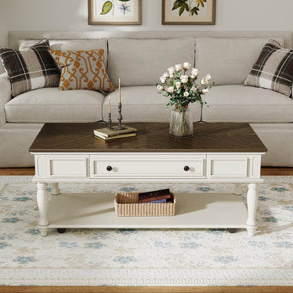 Farmhouse Coffee Table with One Drawer, Easy Assembly, Retro Movable Rectangular Cocktail Table with Lockable Wheels, Country Style Center Table with Solid Wood Legs for Living Room, Grey+White