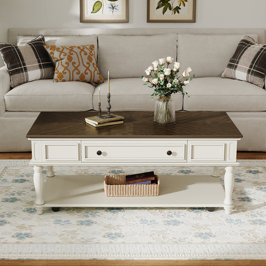 Farmhouse Coffee Table with One Drawer, Easy Assembly, Retro Movable Rectangular Cocktail Table with Lockable Wheels, Country Style Center Table with Solid Wood Legs for Living Room, Grey+White
