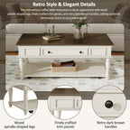 Farmhouse Coffee Table with One Drawer, Easy Assembly, Retro Movable Rectangular Cocktail Table with Lockable Wheels, Country Style Center Table with Solid Wood Legs for Living Room, Grey+White