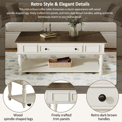 Farmhouse Coffee Table with One Drawer, Easy Assembly, Retro Movable Rectangular Cocktail Table with Lockable Wheels, Country Style Center Table with Solid Wood Legs for Living Room, Grey+White