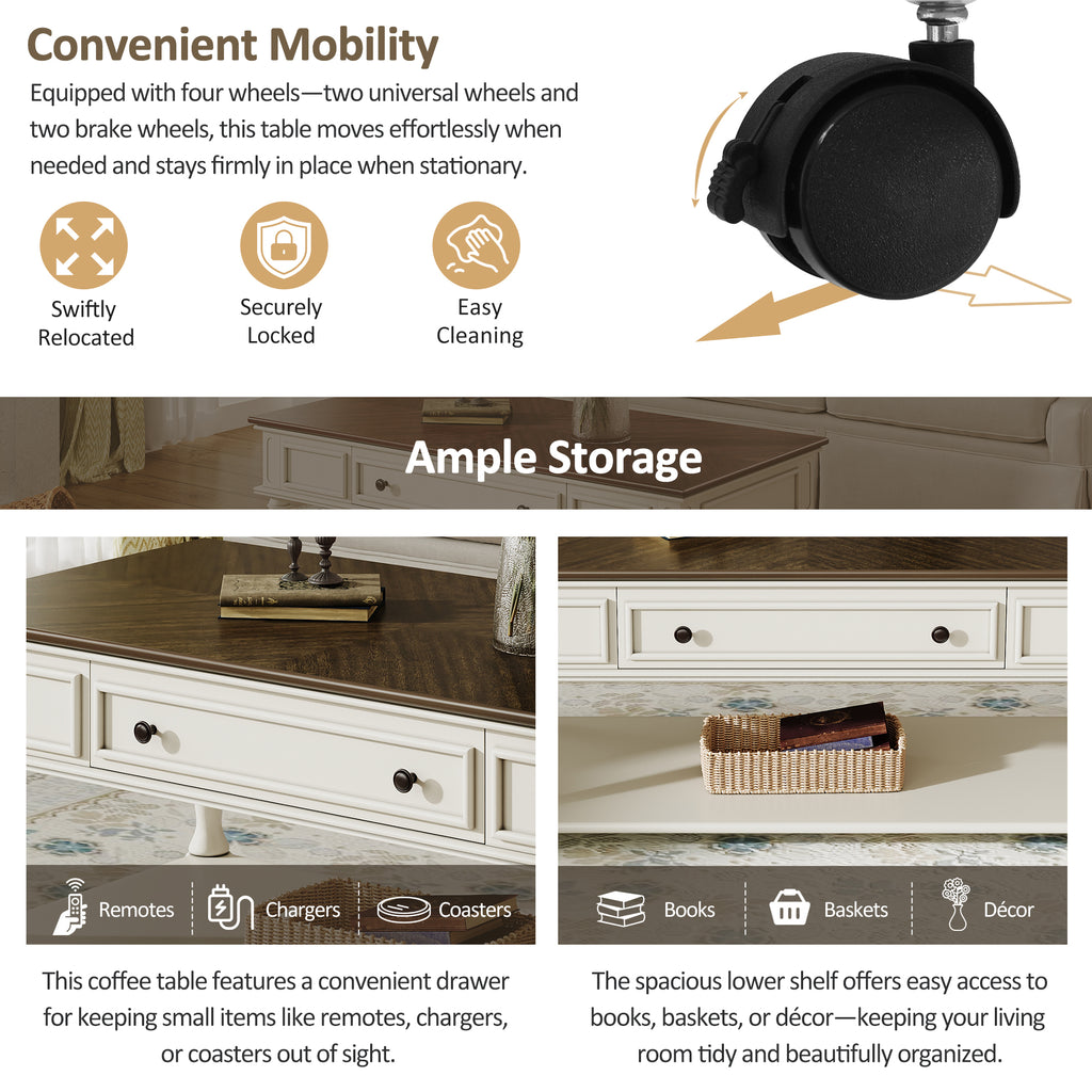 Farmhouse Coffee Table with One Drawer, Easy Assembly, Retro Movable Rectangular Cocktail Table with Lockable Wheels, Country Style Center Table with Solid Wood Legs for Living Room, Grey+White