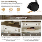 Farmhouse Coffee Table with One Drawer, Easy Assembly, Retro Movable Rectangular Cocktail Table with Lockable Wheels, Country Style Center Table with Solid Wood Legs for Living Room, Grey+White