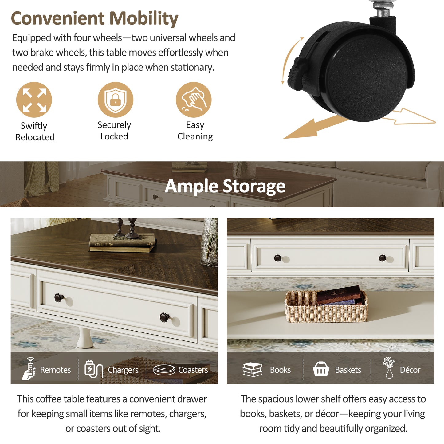 Farmhouse Coffee Table with One Drawer, Easy Assembly, Retro Movable Rectangular Cocktail Table with Lockable Wheels, Country Style Center Table with Solid Wood Legs for Living Room, Grey+White