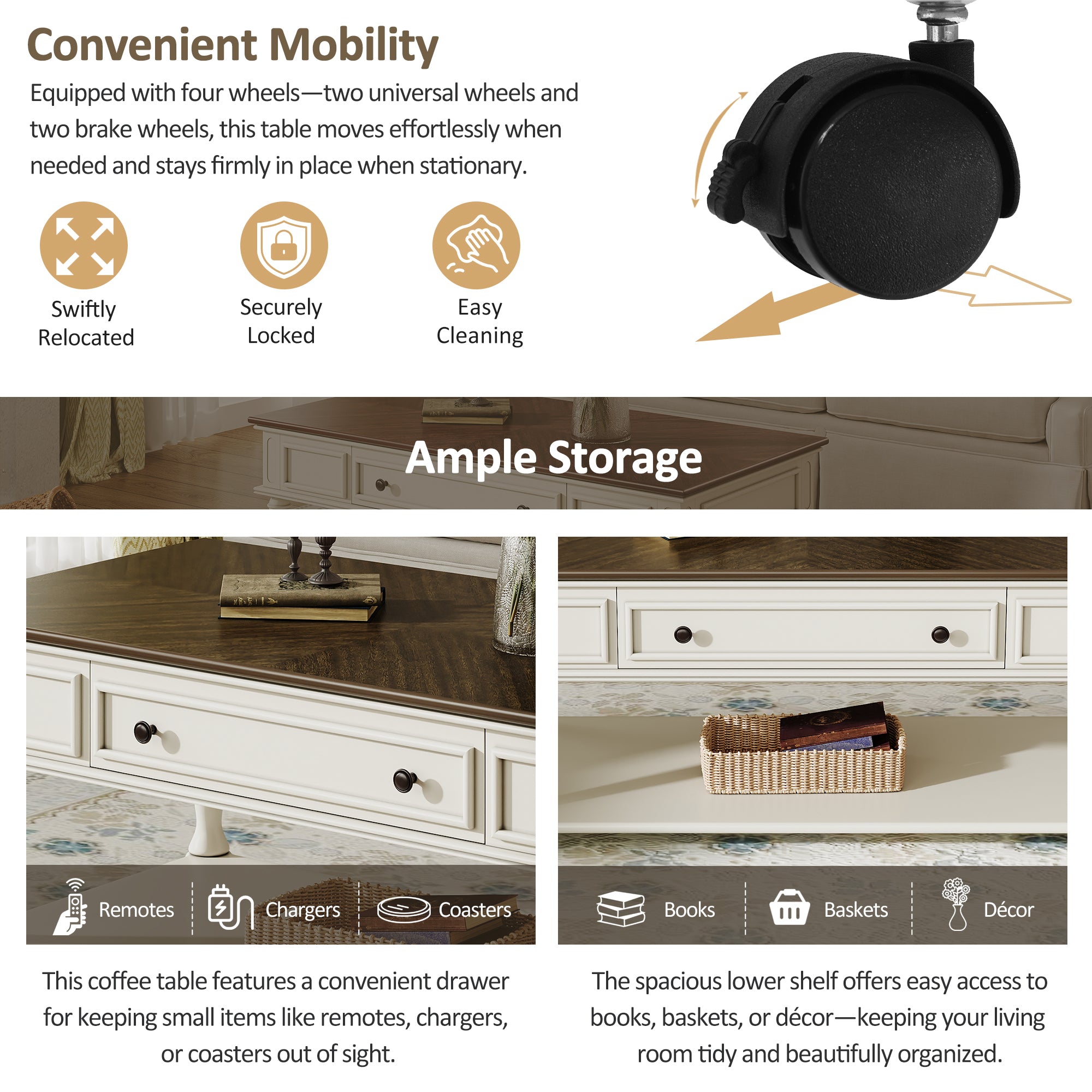 Farmhouse Coffee Table with One Drawer, Easy Assembly, Retro Movable Rectangular Cocktail Table with Lockable Wheels, Country Style Center Table with Solid Wood Legs for Living Room, Grey+White