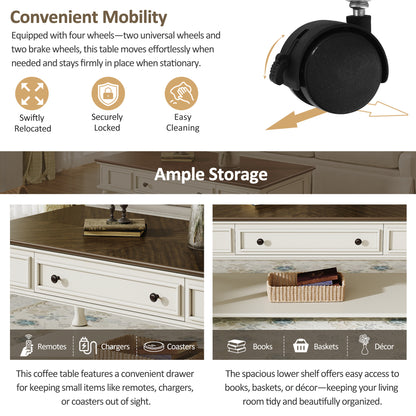 Farmhouse Coffee Table with One Drawer, Easy Assembly, Retro Movable Rectangular Cocktail Table with Lockable Wheels, Country Style Center Table with Solid Wood Legs for Living Room, Grey+White