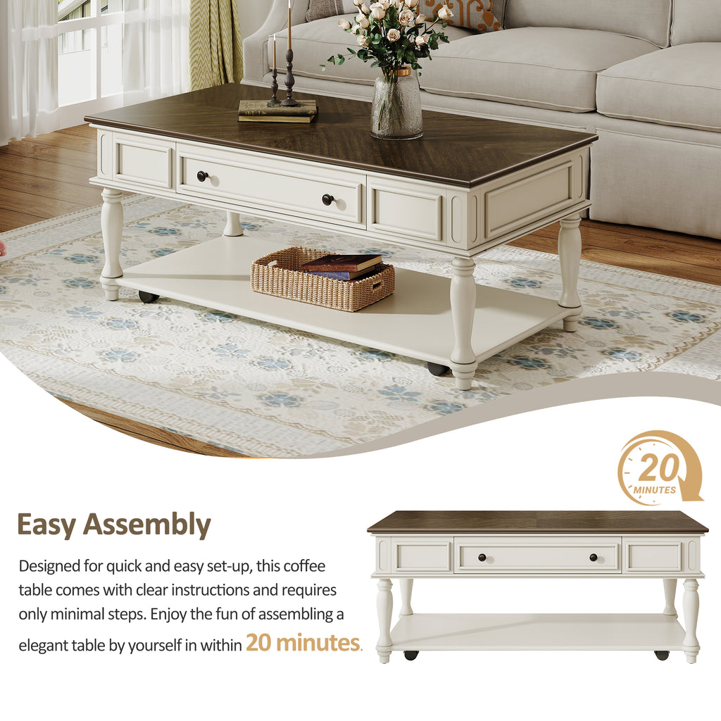 Farmhouse Coffee Table with One Drawer, Easy Assembly, Retro Movable Rectangular Cocktail Table with Lockable Wheels, Country Style Center Table with Solid Wood Legs for Living Room, Grey+White