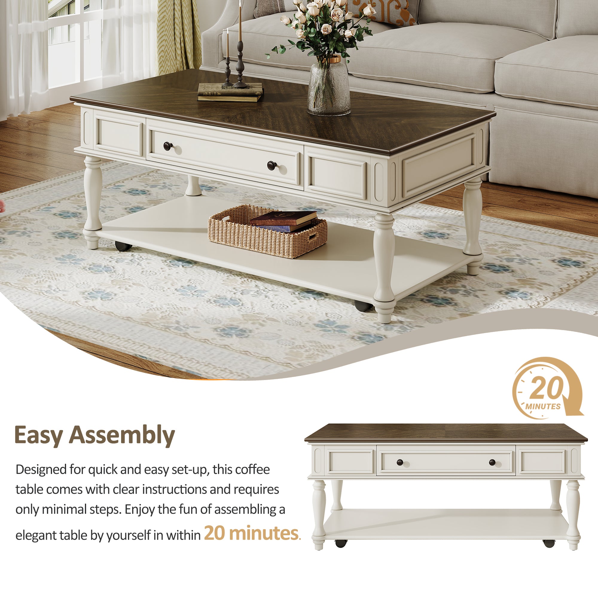 Farmhouse Coffee Table with One Drawer, Easy Assembly, Retro Movable Rectangular Cocktail Table with Lockable Wheels, Country Style Center Table with Solid Wood Legs for Living Room, Grey+White