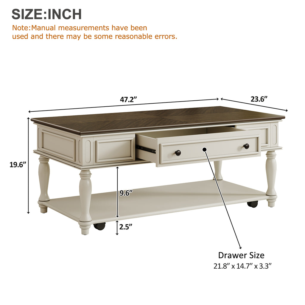 Farmhouse Coffee Table with One Drawer, Easy Assembly, Retro Movable Rectangular Cocktail Table with Lockable Wheels, Country Style Center Table with Solid Wood Legs for Living Room, Grey+White