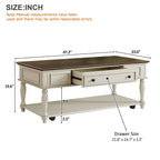 Farmhouse Coffee Table with One Drawer, Easy Assembly, Retro Movable Rectangular Cocktail Table with Lockable Wheels, Country Style Center Table with Solid Wood Legs for Living Room, Grey+White