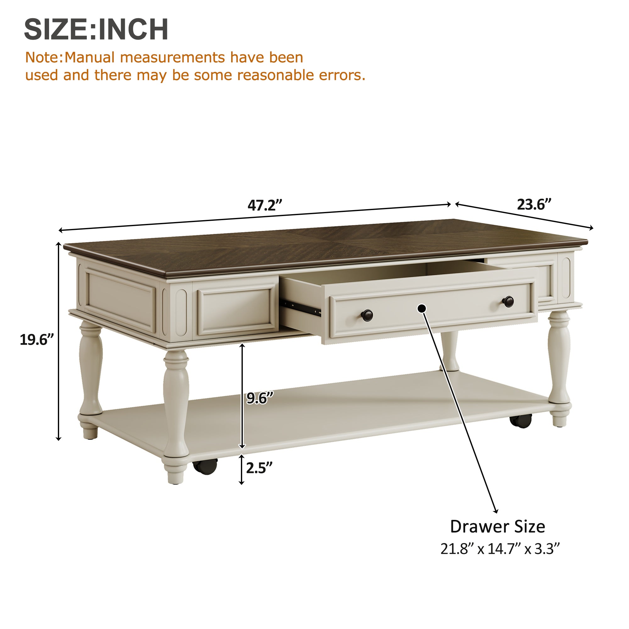 Farmhouse Coffee Table with One Drawer, Easy Assembly, Retro Movable Rectangular Cocktail Table with Lockable Wheels, Country Style Center Table with Solid Wood Legs for Living Room, Grey+White