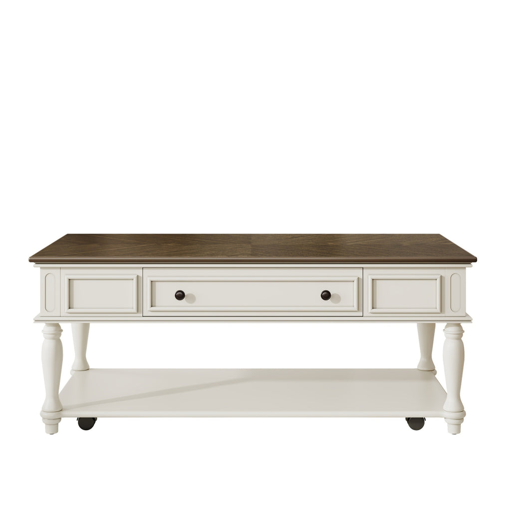 Farmhouse Coffee Table with One Drawer, Easy Assembly, Retro Movable Rectangular Cocktail Table with Lockable Wheels, Country Style Center Table with Solid Wood Legs for Living Room, Grey+White