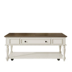 Farmhouse Coffee Table with One Drawer, Easy Assembly, Retro Movable Rectangular Cocktail Table with Lockable Wheels, Country Style Center Table with Solid Wood Legs for Living Room, Grey+White