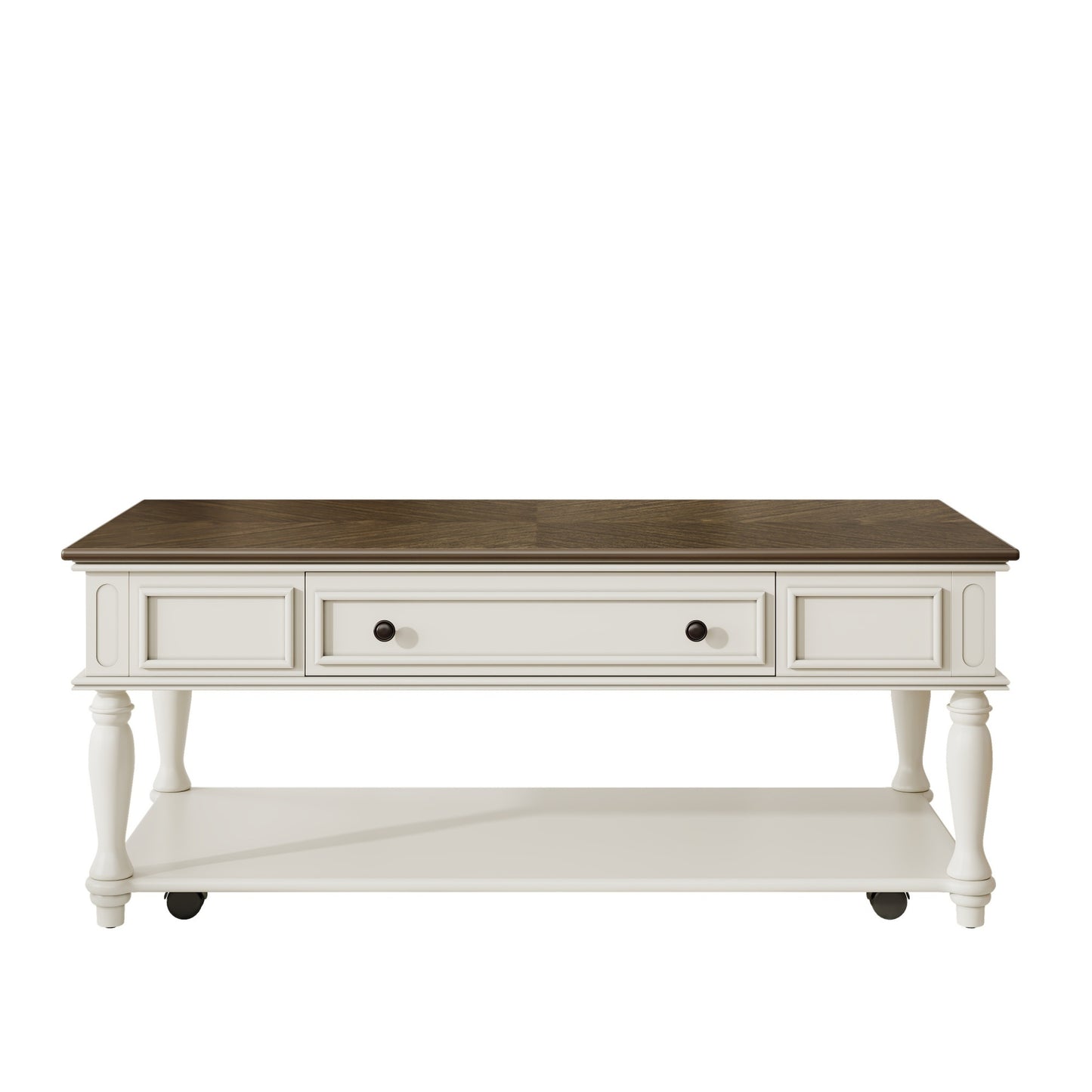 Farmhouse Coffee Table with One Drawer, Easy Assembly, Retro Movable Rectangular Cocktail Table with Lockable Wheels, Country Style Center Table with Solid Wood Legs for Living Room, Grey+White