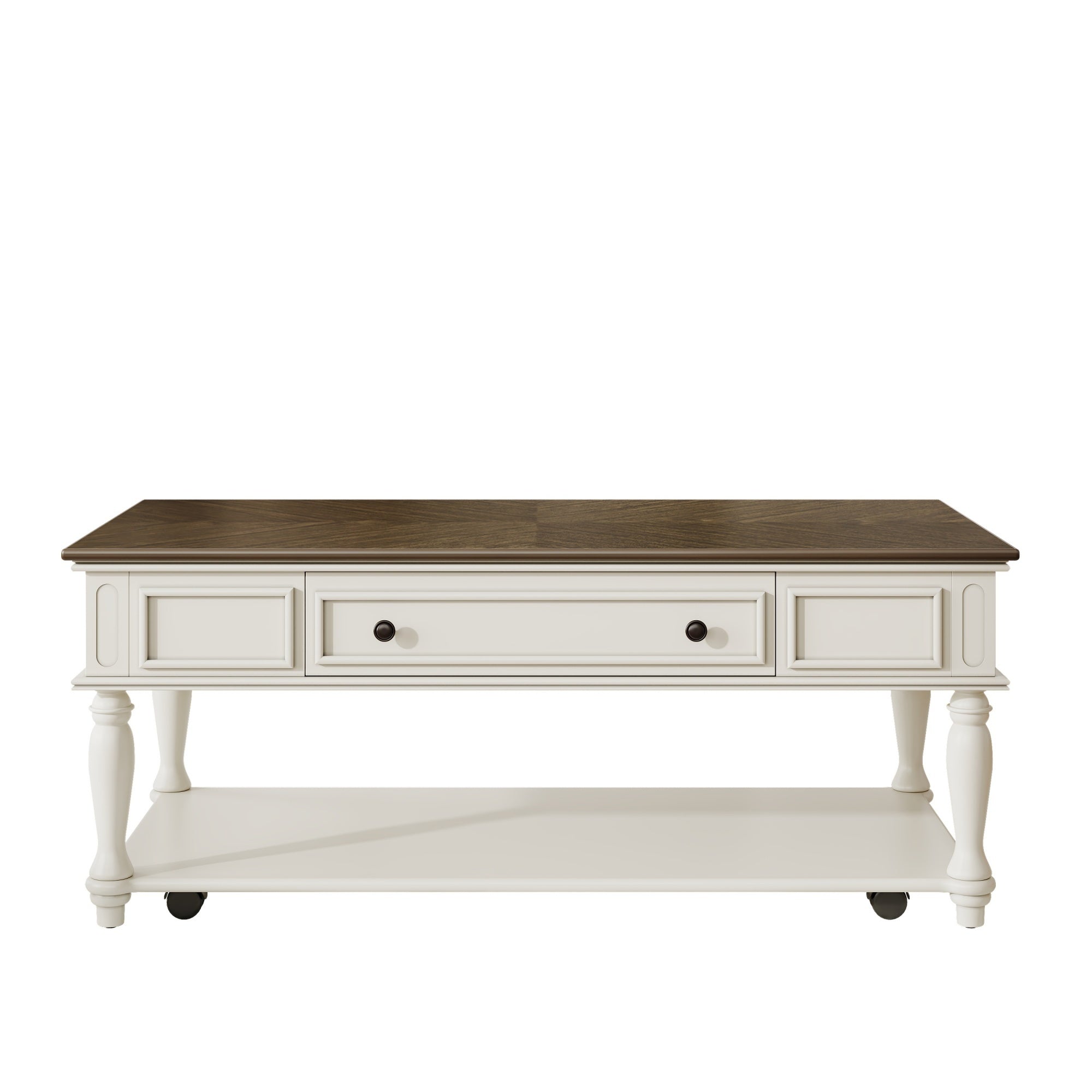 Farmhouse Coffee Table with One Drawer, Easy Assembly, Retro Movable Rectangular Cocktail Table with Lockable Wheels, Country Style Center Table with Solid Wood Legs for Living Room, Grey+White