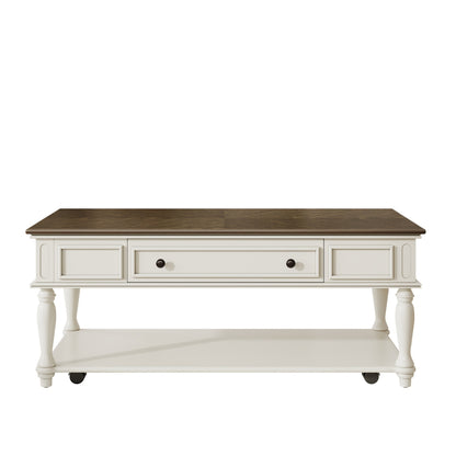 Farmhouse Coffee Table with One Drawer, Easy Assembly, Retro Movable Rectangular Cocktail Table with Lockable Wheels, Country Style Center Table with Solid Wood Legs for Living Room, Grey+White