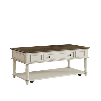 Farmhouse Coffee Table with One Drawer, Easy Assembly, Retro Movable Rectangular Cocktail Table with Lockable Wheels, Country Style Center Table with Solid Wood Legs for Living Room, Grey+White