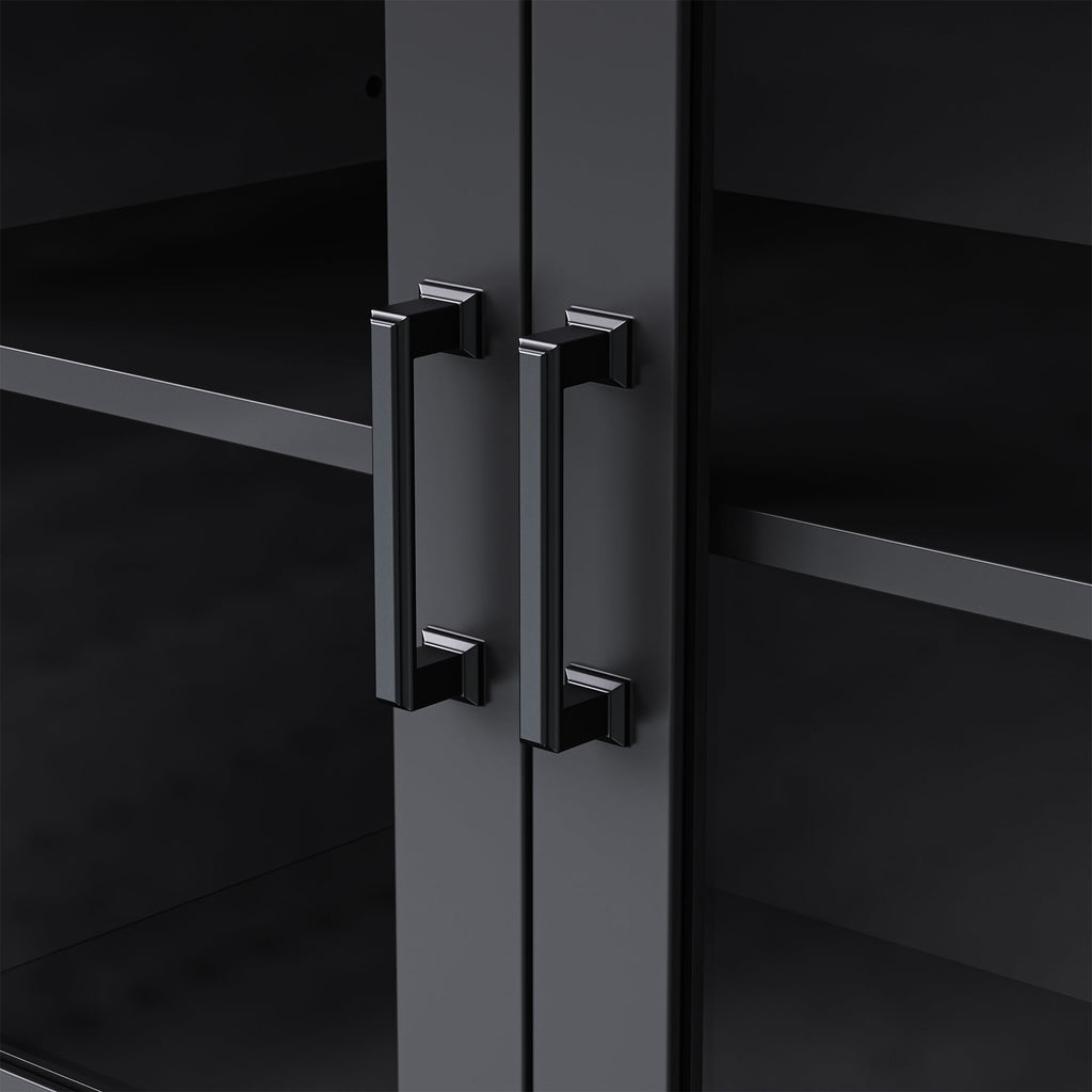 ON-TREND Farmhouse TV Stand with Tempered Glass Doors for TVs Up to 70', Versatile Sideboard with Adjustable Shelves, Elegant Buffet Cabinet with 5 Solid Wood Gourd-Shaped Legs for Living Room, Black