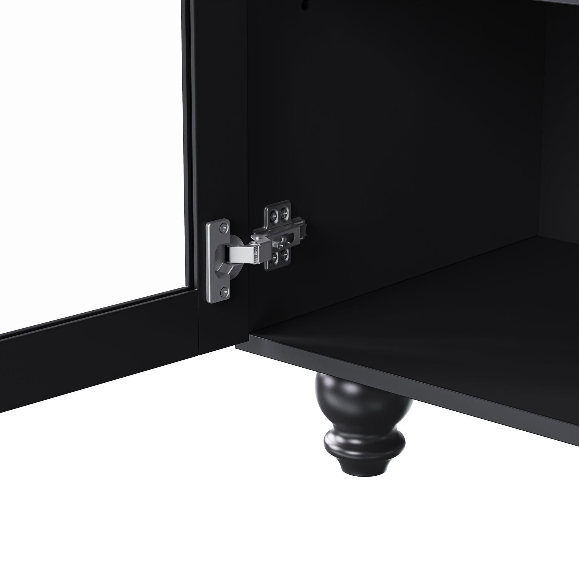 ON-TREND Farmhouse TV Stand with Tempered Glass Doors for TVs Up to 70', Versatile Sideboard with Adjustable Shelves, Elegant Buffet Cabinet with 5 Solid Wood Gourd-Shaped Legs for Living Room, Black