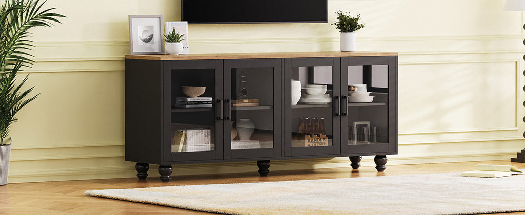 ON-TREND Farmhouse TV Stand with Tempered Glass Doors for TVs Up to 70', Versatile Sideboard with Adjustable Shelves, Elegant Buffet Cabinet with 5 Solid Wood Gourd-Shaped Legs for Living Room, Black