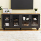 ON-TREND Farmhouse TV Stand with Tempered Glass Doors for TVs Up to 70', Versatile Sideboard with Adjustable Shelves, Elegant Buffet Cabinet with 5 Solid Wood Gourd-Shaped Legs for Living Room, Black