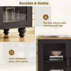 ON-TREND Farmhouse TV Stand with Tempered Glass Doors for TVs Up to 70', Versatile Sideboard with Adjustable Shelves, Elegant Buffet Cabinet with 5 Solid Wood Gourd-Shaped Legs for Living Room, Black