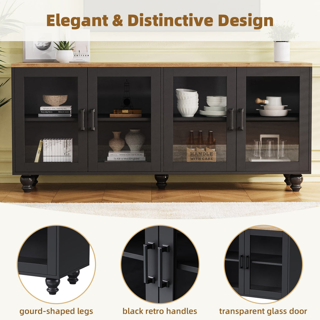 ON-TREND Farmhouse TV Stand with Tempered Glass Doors for TVs Up to 70', Versatile Sideboard with Adjustable Shelves, Elegant Buffet Cabinet with 5 Solid Wood Gourd-Shaped Legs for Living Room, Black