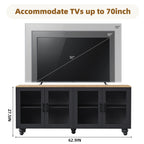 ON-TREND Farmhouse TV Stand with Tempered Glass Doors for TVs Up to 70', Versatile Sideboard with Adjustable Shelves, Elegant Buffet Cabinet with 5 Solid Wood Gourd-Shaped Legs for Living Room, Black
