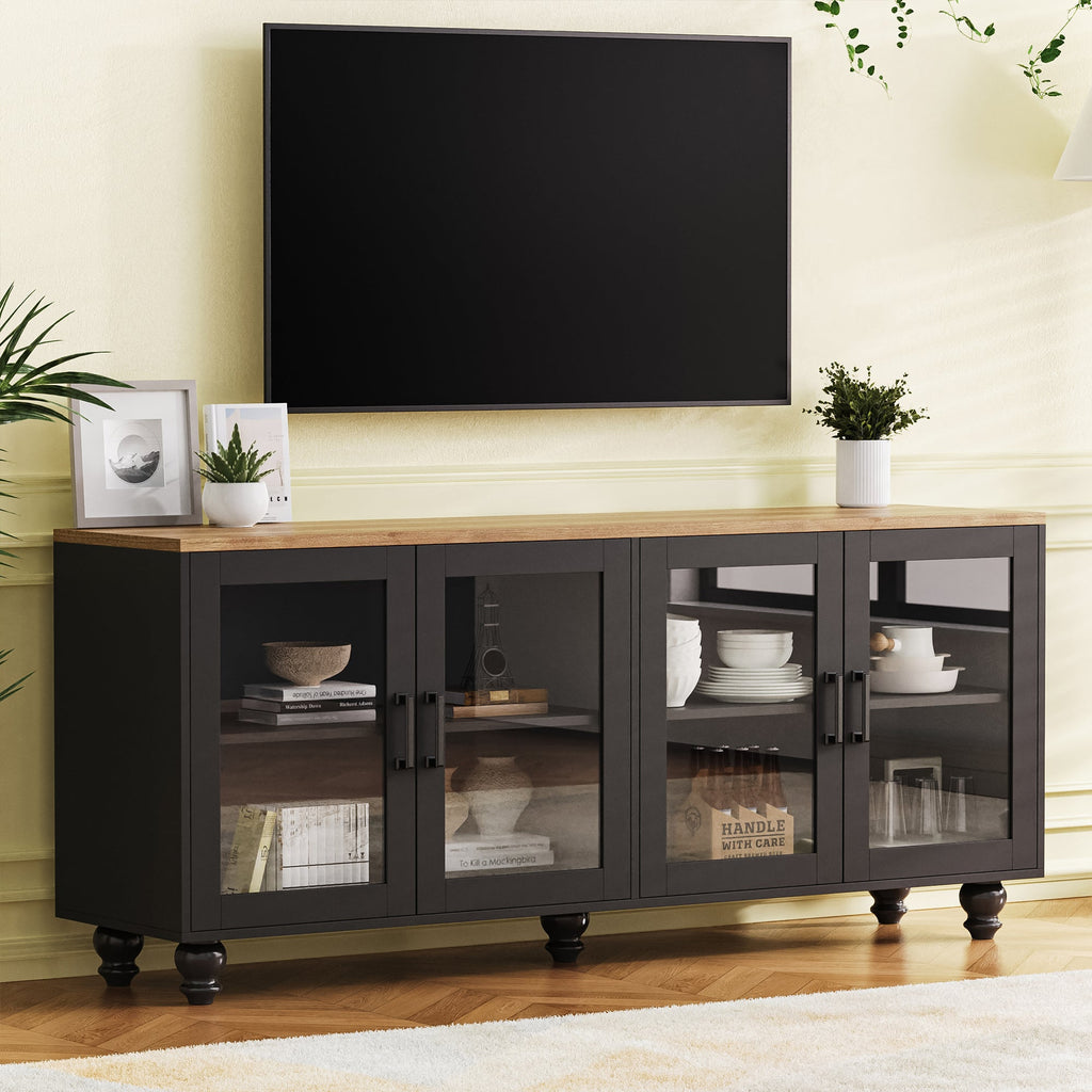 ON-TREND Farmhouse TV Stand with Tempered Glass Doors for TVs Up to 70', Versatile Sideboard with Adjustable Shelves, Elegant Buffet Cabinet with 5 Solid Wood Gourd-Shaped Legs for Living Room, Black