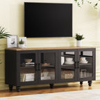 ON-TREND Farmhouse TV Stand with Tempered Glass Doors for TVs Up to 70', Versatile Sideboard with Adjustable Shelves, Elegant Buffet Cabinet with 5 Solid Wood Gourd-Shaped Legs for Living Room, Black