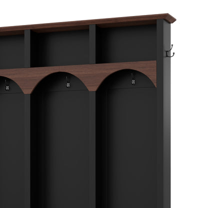 Farmhouse Wooden Style Hall Tree with Arched Design, Practical Entryway Walnut Storage Bench with 5 Black Hooks, Minimalist 4-in-1 Hallway Shoe Cabinet with 7 Cubbies for Mudroom, Living Room, Black