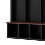 Farmhouse Wooden Style Hall Tree with Arched Design, Practical Entryway Walnut Storage Bench with 5 Black Hooks, Minimalist 4-in-1 Hallway Shoe Cabinet with 7 Cubbies for Mudroom, Living Room, Black