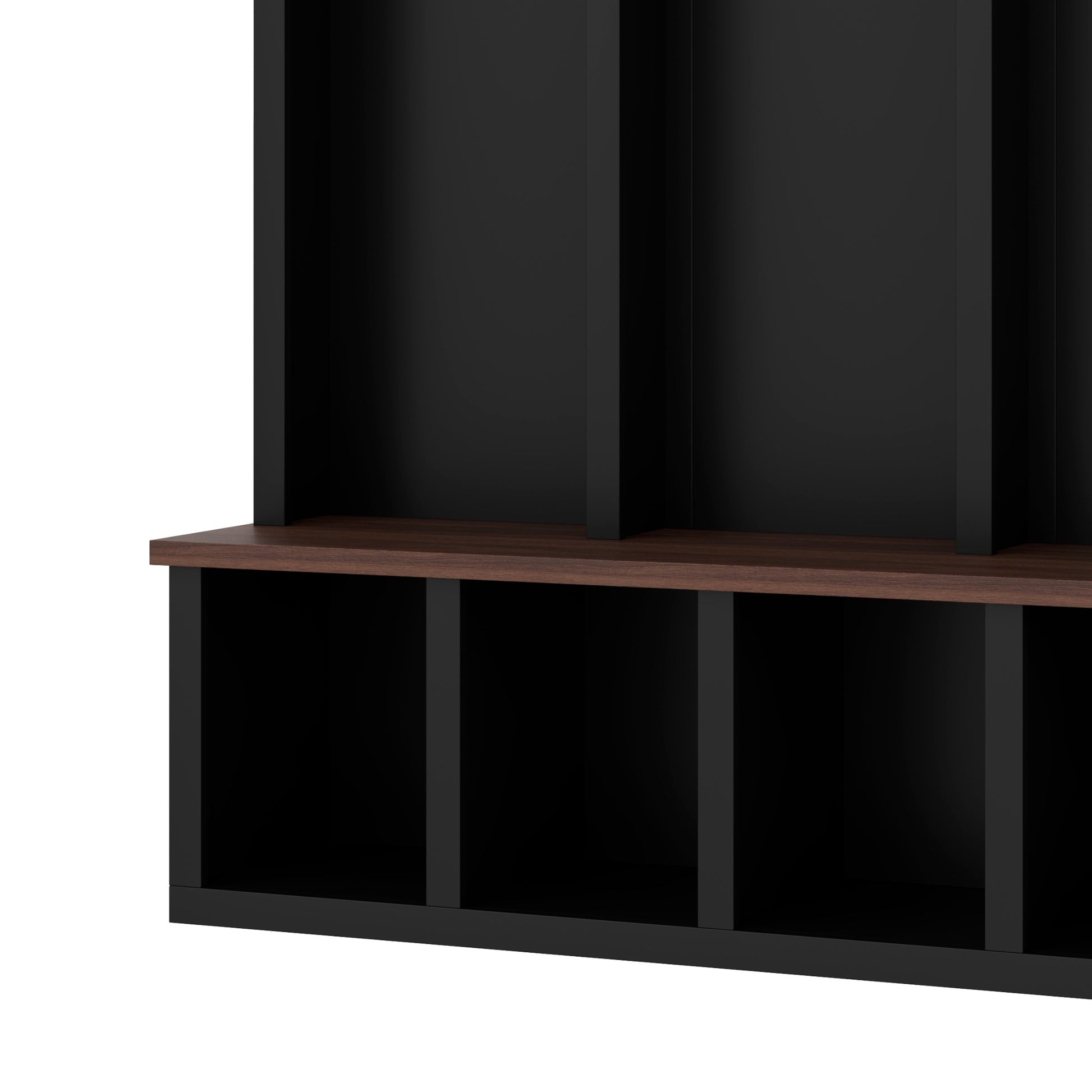 Farmhouse Wooden Style Hall Tree with Arched Design, Practical Entryway Walnut Storage Bench with 5 Black Hooks, Minimalist 4-in-1 Hallway Shoe Cabinet with 7 Cubbies for Mudroom, Living Room, Black