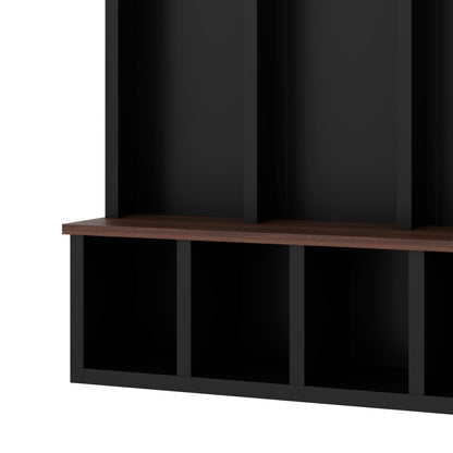 Farmhouse Wooden Style Hall Tree with Arched Design, Practical Entryway Walnut Storage Bench with 5 Black Hooks, Minimalist 4-in-1 Hallway Shoe Cabinet with 7 Cubbies for Mudroom, Living Room, Black