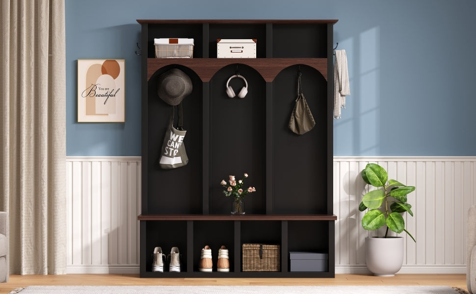 Farmhouse Wooden Style Hall Tree with Arched Design, Practical Entryway Walnut Storage Bench with 5 Black Hooks, Minimalist 4-in-1 Hallway Shoe Cabinet with 7 Cubbies for Mudroom, Living Room, Black