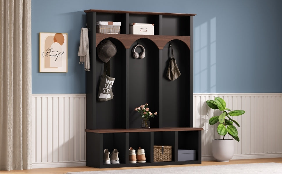 Farmhouse Wooden Style Hall Tree with Arched Design, Practical Entryway Walnut Storage Bench with 5 Black Hooks, Minimalist 4-in-1 Hallway Shoe Cabinet with 7 Cubbies for Mudroom, Living Room, Black