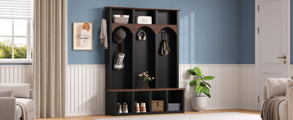 Farmhouse Wooden Style Hall Tree with Arched Design, Practical Entryway Walnut Storage Bench with 5 Black Hooks, Minimalist 4-in-1 Hallway Shoe Cabinet with 7 Cubbies for Mudroom, Living Room, Black
