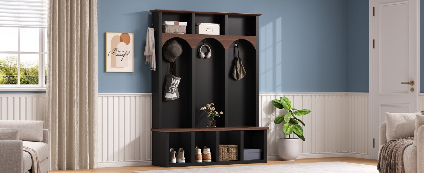 Farmhouse Wooden Style Hall Tree with Arched Design, Practical Entryway Walnut Storage Bench with 5 Black Hooks, Minimalist 4-in-1 Hallway Shoe Cabinet with 7 Cubbies for Mudroom, Living Room, Black