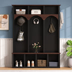 Farmhouse Wooden Style Hall Tree with Arched Design, Practical Entryway Walnut Storage Bench with 5 Black Hooks, Minimalist 4-in-1 Hallway Shoe Cabinet with 7 Cubbies for Mudroom, Living Room, Black