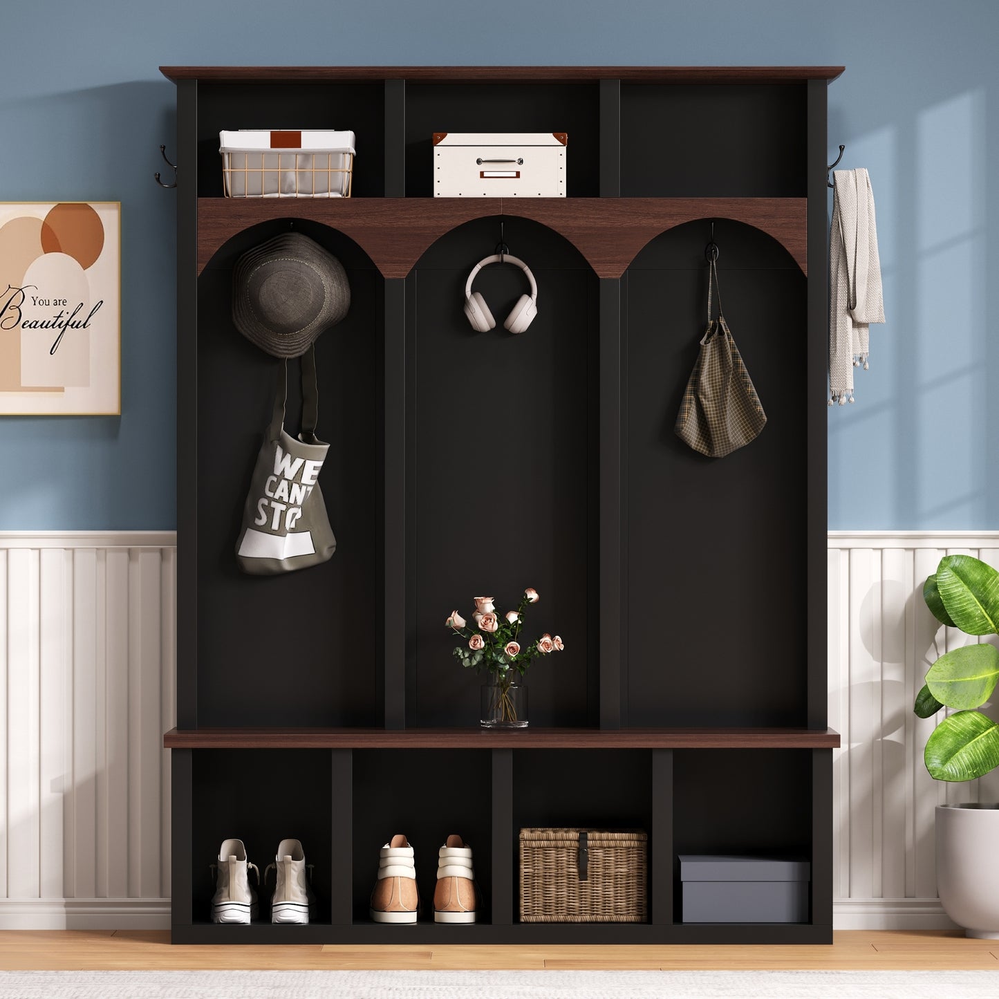 Farmhouse Wooden Style Hall Tree with Arched Design, Practical Entryway Walnut Storage Bench with 5 Black Hooks, Minimalist 4-in-1 Hallway Shoe Cabinet with 7 Cubbies for Mudroom, Living Room, Black