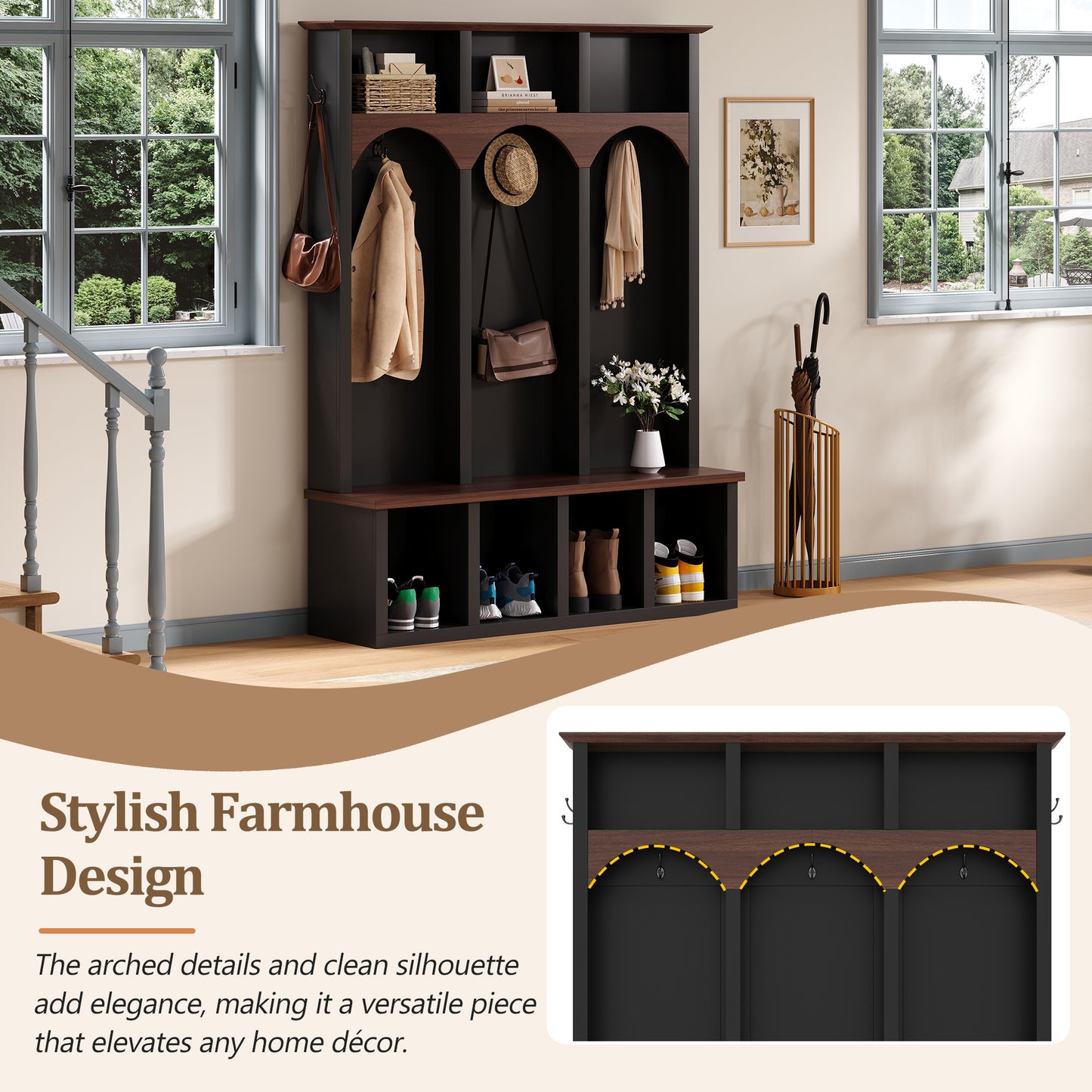 Farmhouse Wooden Style Hall Tree with Arched Design, Practical Entryway Walnut Storage Bench with 5 Black Hooks, Minimalist 4-in-1 Hallway Shoe Cabinet with 7 Cubbies for Mudroom, Living Room, Black