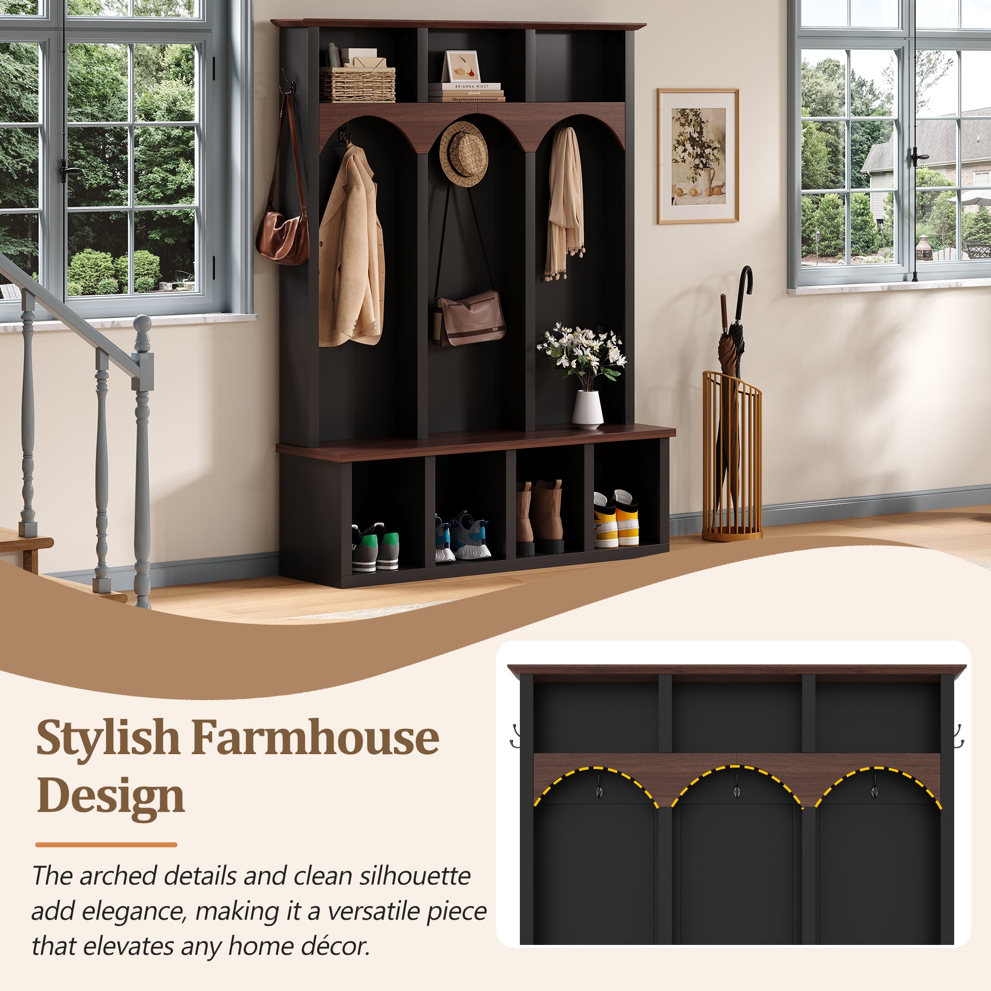 Farmhouse Wooden Style Hall Tree with Arched Design, Practical Entryway Walnut Storage Bench with 5 Black Hooks, Minimalist 4-in-1 Hallway Shoe Cabinet with 7 Cubbies for Mudroom, Living Room, Black